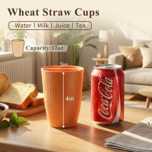 BUSOKIP 12oz Wheat Straw Cups Set of 6, Alternatives to Plastic Cups Reusable, Unbreakable Drinking Glasses, Microwave & Dishwasher Safe Drinking Cup, Small Water Cup for Kitchen, Party (Multicolor)