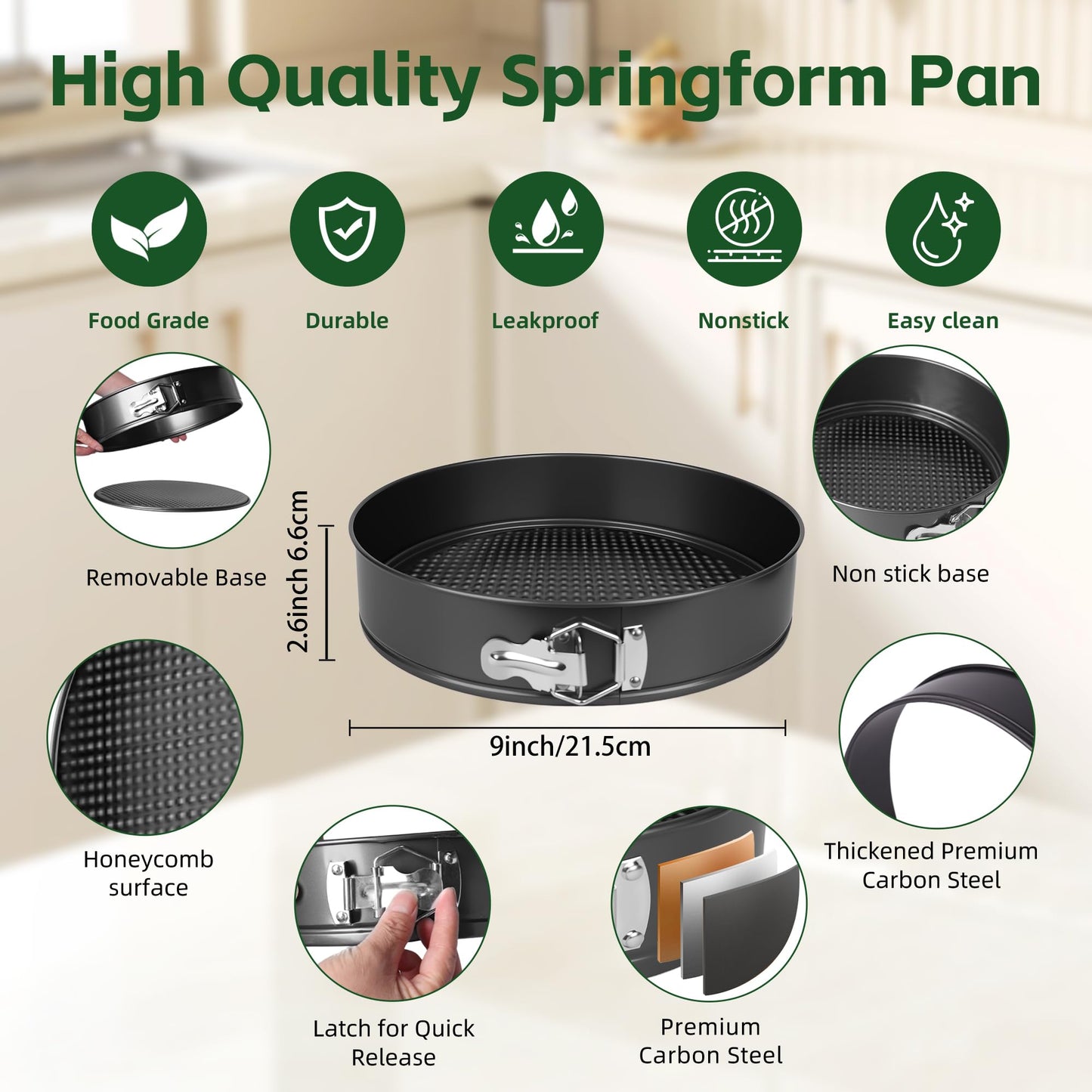 FLEEODAN 9 Inch Nonstick Springform Pan - Cheesecake Pan with Removable Bottom, Round Baking Mold for Cheesecake, Pie, Desserts & More - Baking Bakeware Accessory, Matte Black