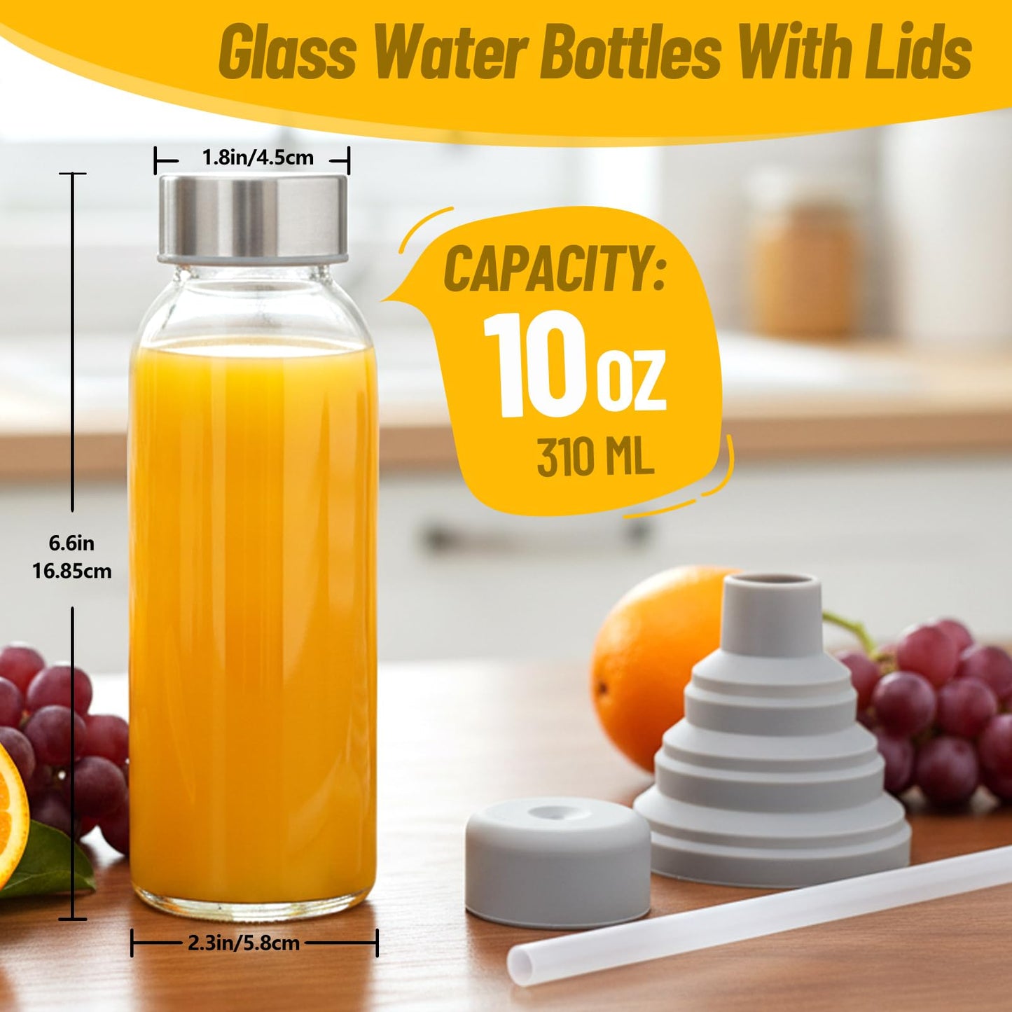 Luxfuel Glass Juice Bottles with Lids 10oz, 6 Pack Reusable Glass Water Bottle with Stainless Steel Caps & Straws, Leak Proof, BPA-Free – Small Juice Bottles for Juicing, Smoothies & Fridge Storage