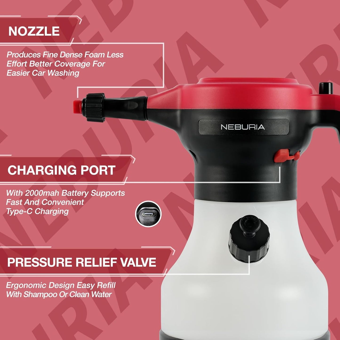 Neburia Electric Foam Sprayer - Automatic Cordless 2000mAh Battery Pump with 3 Nozzles for Car Detailing & Home Cleaning