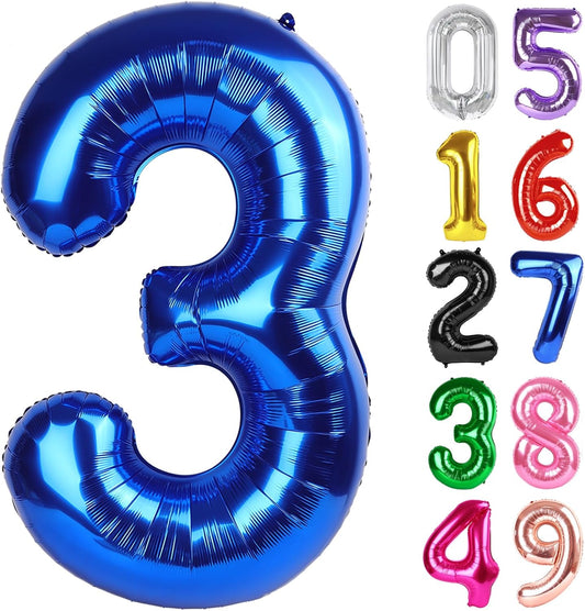 Metallic Blue Number 3 Balloon - 40 Inch 3rd Birthday Celebration Decor for Kids & Adults
