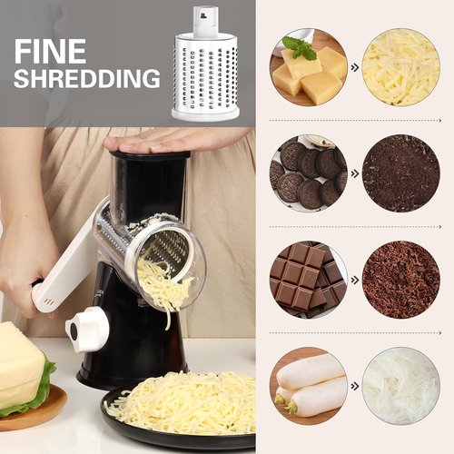 Cambom Rotary Cheese Grater - Hand Crank Shredder for Fresh Cheese, Veggies & Nuts | Non-Slip Base, Black