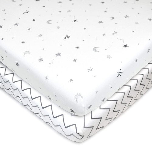 American Baby Company 100% Natural Cotton Fitted Pack and Play Sheets - Soft & Breathable, 39" x 27", Grey Stars/Zigzag for Boys & Girls