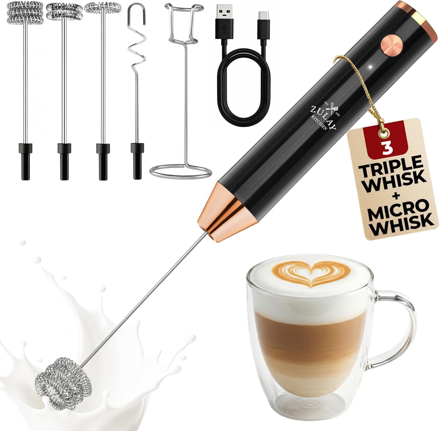 Zulay Kitchen Rechargeable Milk Frother - Powerful 2-Speed Mixer with 4 Whisks, Waterproof, 2000mAh Battery - Dark Copper for Lattes & Cappuccinos