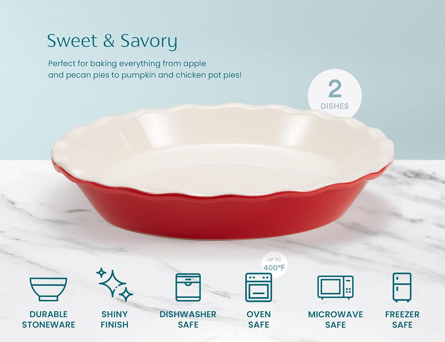 KooK Ceramic Pie Pan Set - 9-Inch Reusable Round Baking Dish with Wave Edge | Microwave & Oven Safe, Cherry
