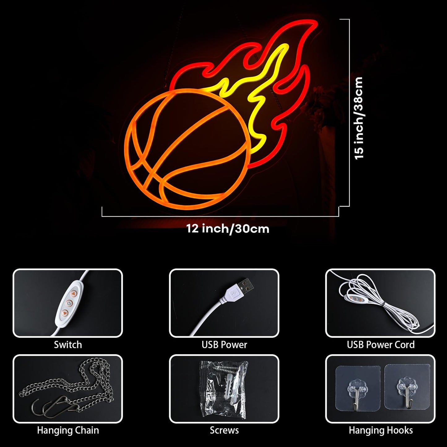 Basketball Neon Sign, Orange Red Yellow Basketball Fire Led Sign for Boys Bedroom Wall Decor, Dimmable Basketball Flame Light Up Sign for Man Cave Kids Gift Sports Fans Birthday Party Room Decoration