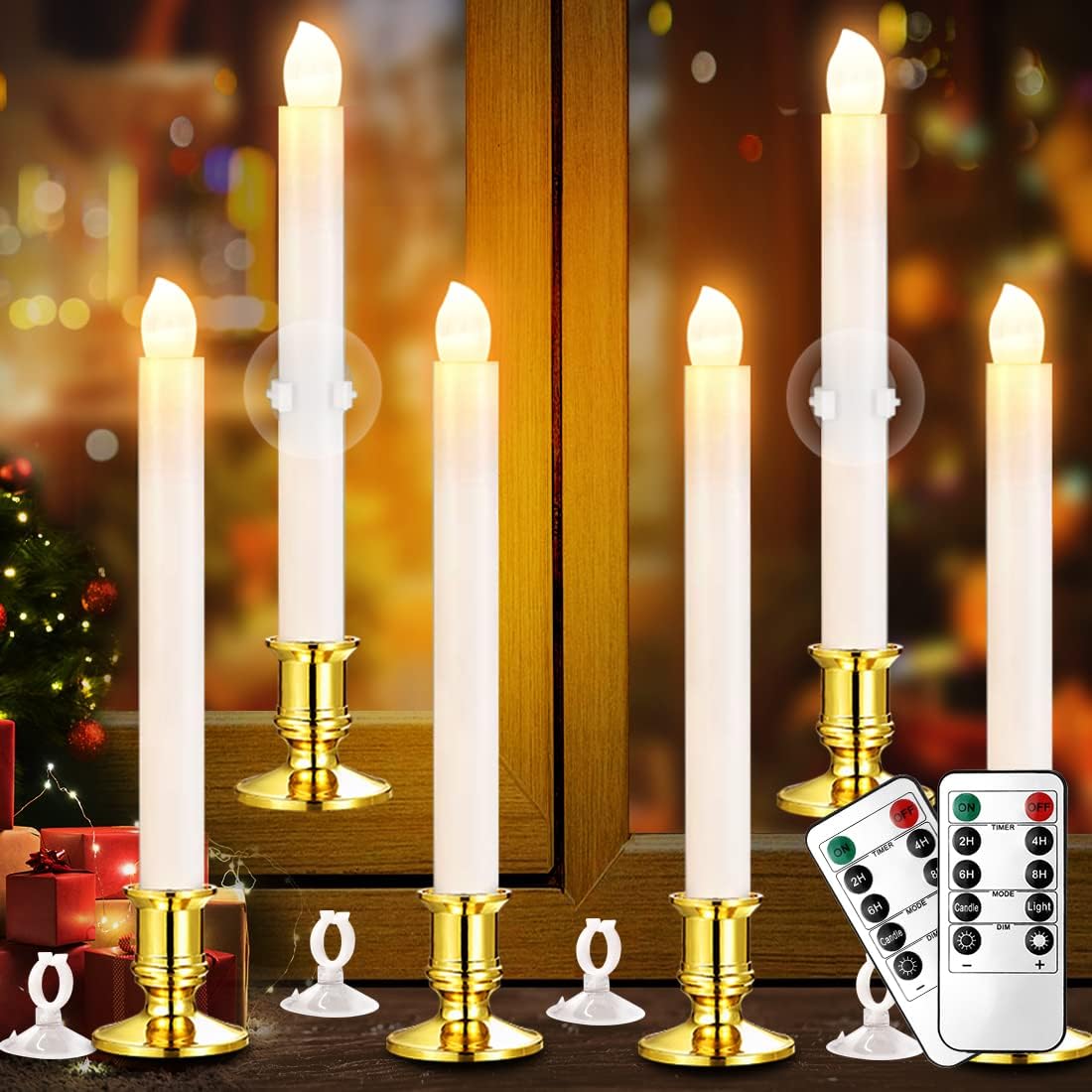 YAUNGEL Flameless Christmas Window Candles - 6 Pack Battery Operated Taper Lights with Timer & Remote