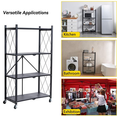 BRIAN & DANY 4-Tier Foldable Storage Shelves with Wheels, Folding Metal Rack Shelving Unit, Heavy Duty No Assembly Organizer Shelf for Garage, Kitchen, Basement, Pantry, Black