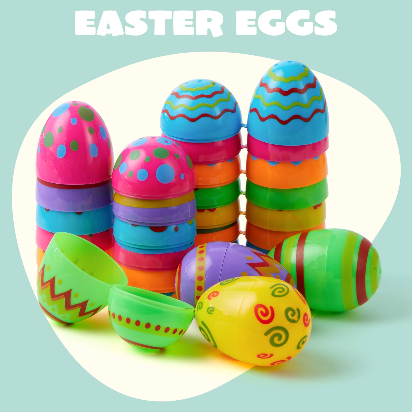JOYIN Toy 72 PCs Plastic Printed Bright Easter Eggs, Over 3.15'' Tall Fillable Empty Eggs Bulks for Easter Hunt, Basket Stuffers Fillers, Classroom Prize Supplies, Filling Treats and Party Favor