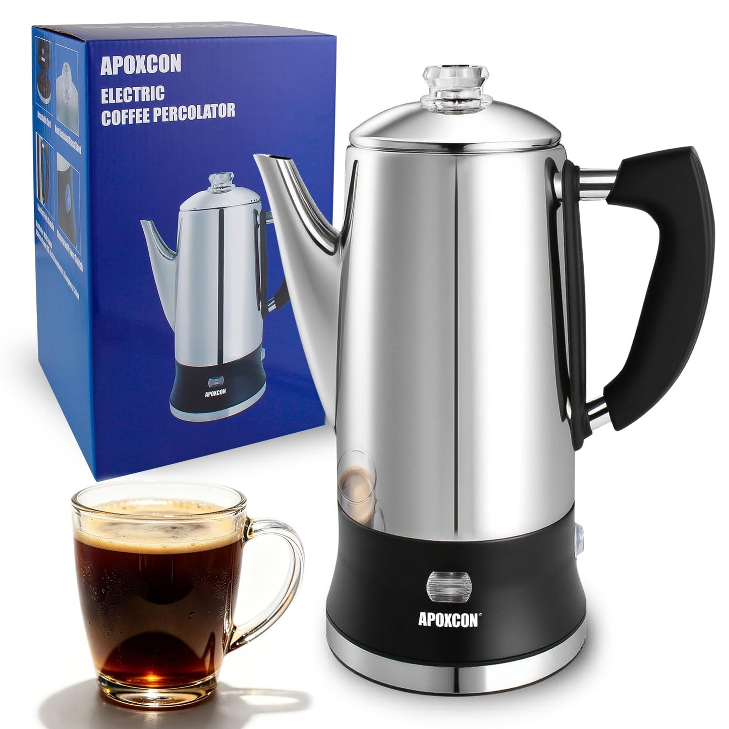 APOXCON Electric Coffee Percolator Stainless Steel Coffee Maker with Clear Brew Progress Tough Glass Knob and On/OFF Switch Classic Coffee Pot with Keep Warm & Cordless Serve No Aluminum (12 Cup)