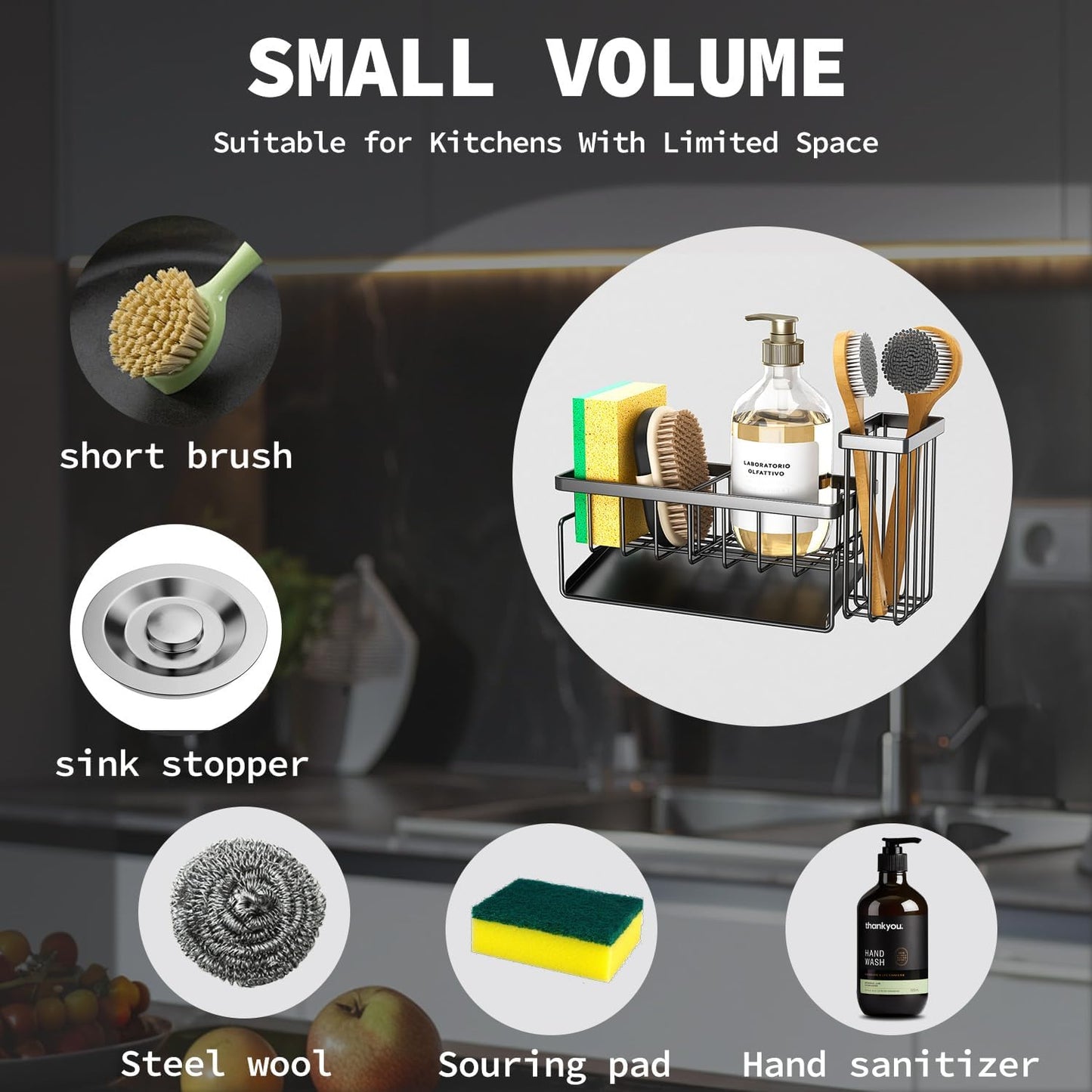 Skiennix Sponge Holder & Sink Caddy Organizer - Rustproof Kitchen Storage Solution | Carbon Black