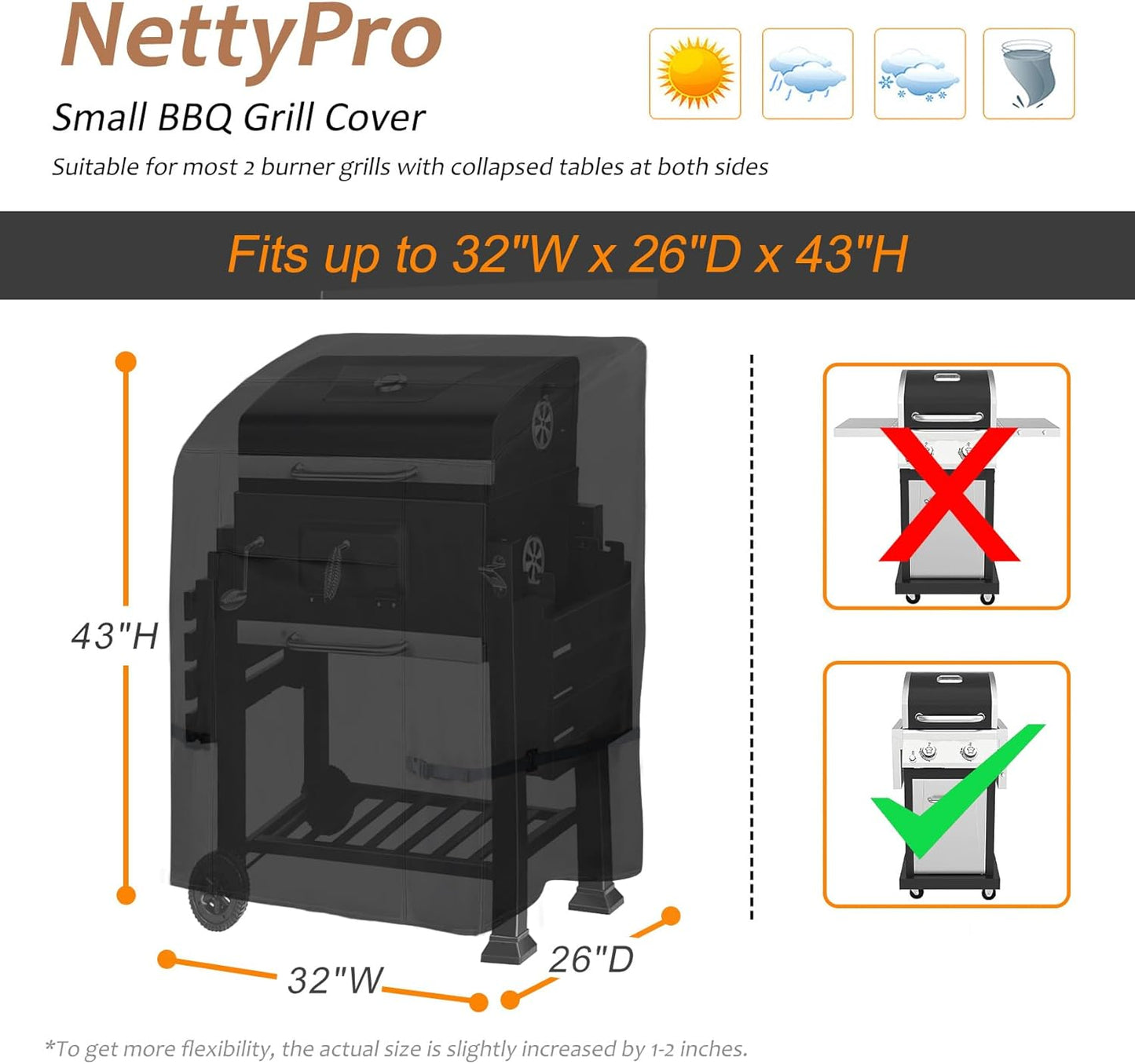 NettyPro BBQ Grill Cover - Heavy Duty Waterproof 32 Inch | Outdoor 2 Burner Gas Barbecue Cover - Black