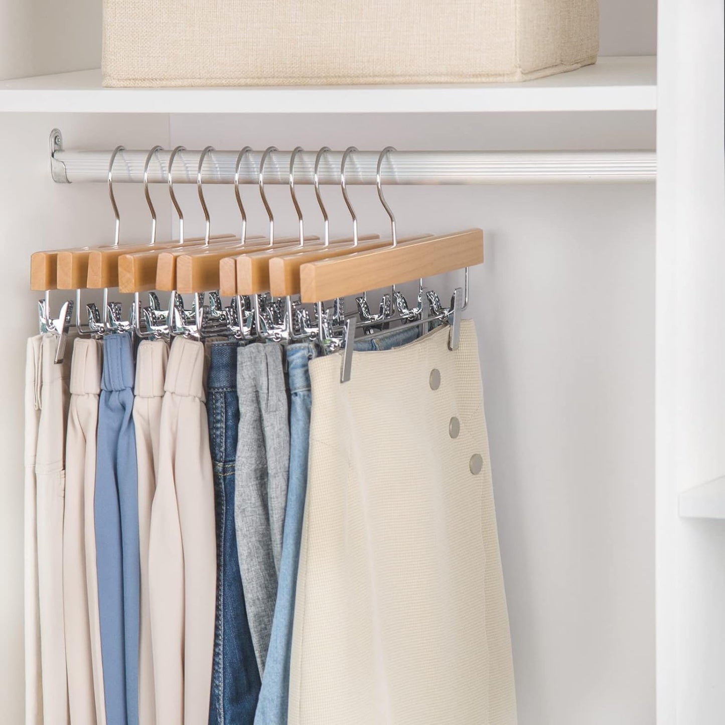 Nature Smile Wooden Pants Hangers - Solid Lotus Wood Clips for Skirts & Jeans | 20 Pack in Natural Color