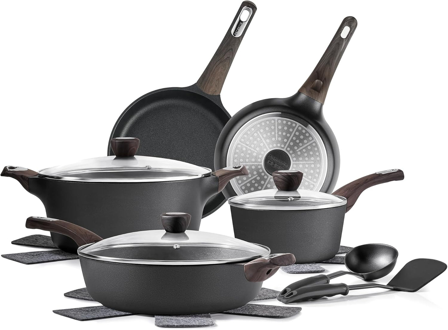 SENSARTE Non-Stick Induction Cookware Set - 14 Pcs Healthy Kitchen Pots & Pans, PFOA Free, Black