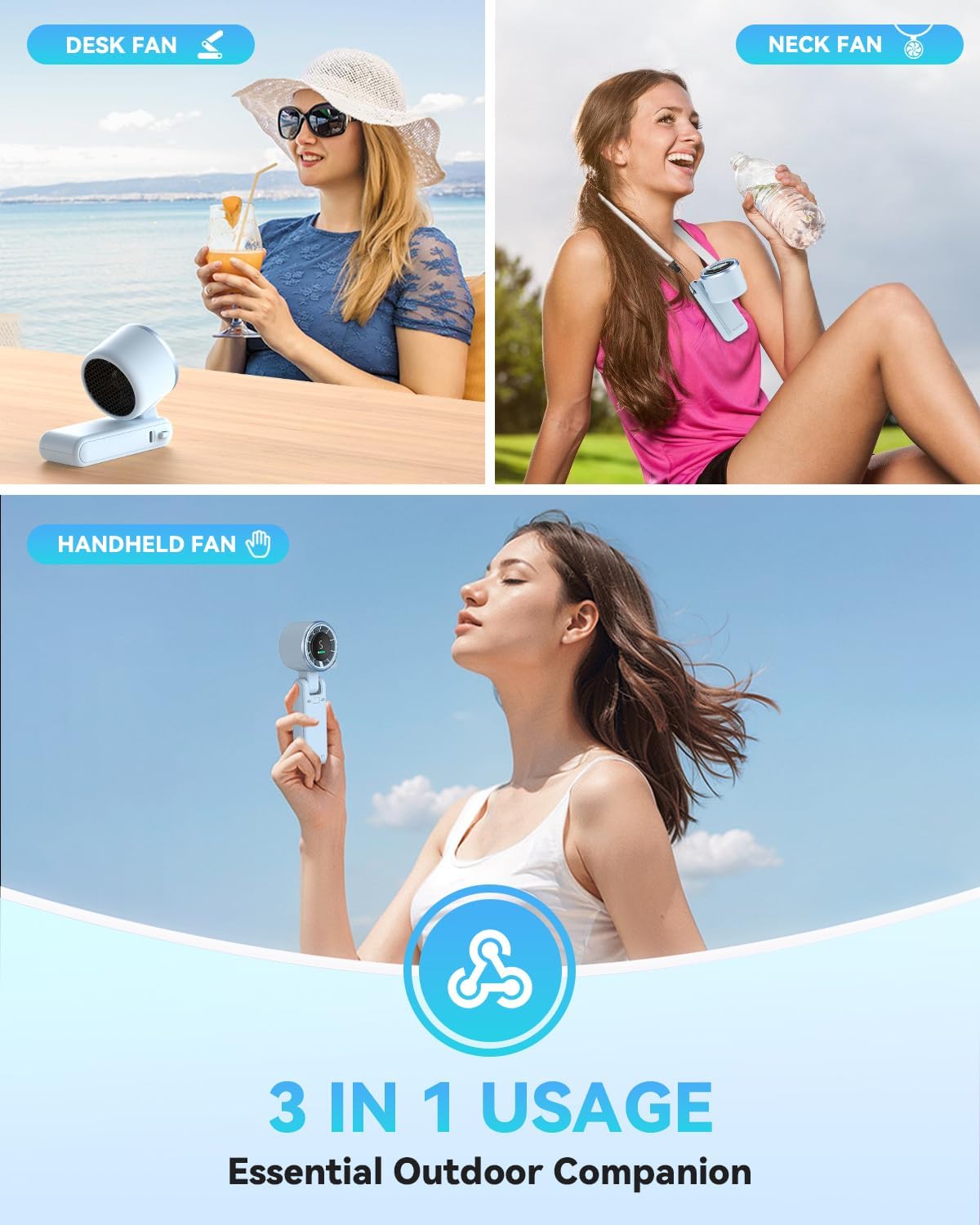 PlayHot Portable Handheld Turbo Fan - 5-Speed Rechargeable Personal Fan | 5000mAh Battery, 12-Hour Use, 3-in-1 Design (Blue)