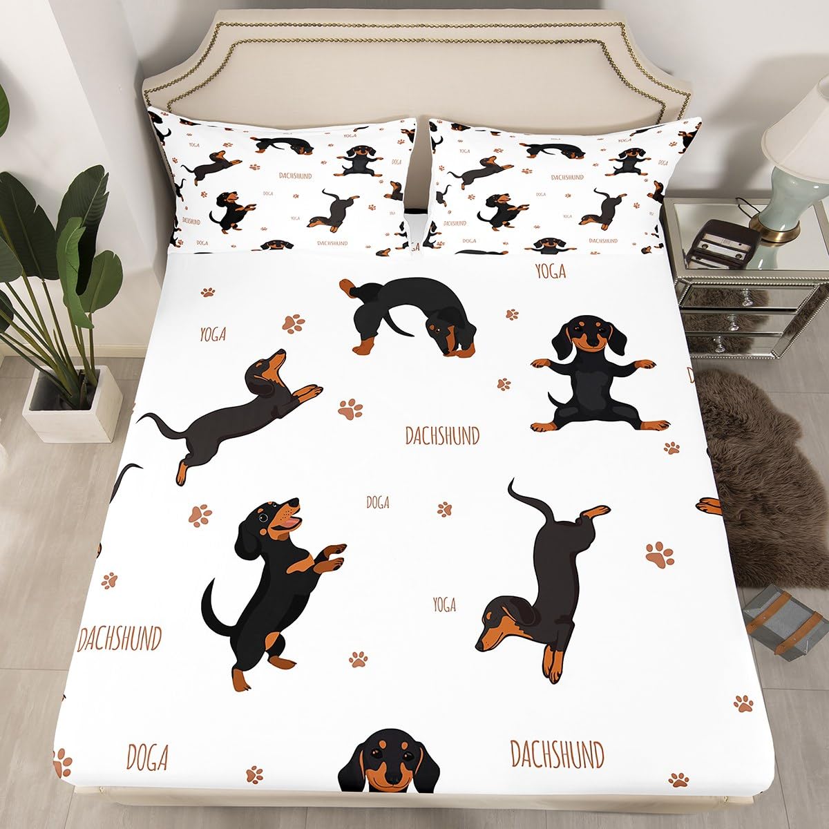 Feelyou Sausage Dog Bed Sheets Set Boys Dachshund Sheet Set for Kids Ultra Soft Puppy Dog Sheets with Deep Pocket Fitted Sheet Kawaii Pet Brown Bedding Set Room Decor Queen