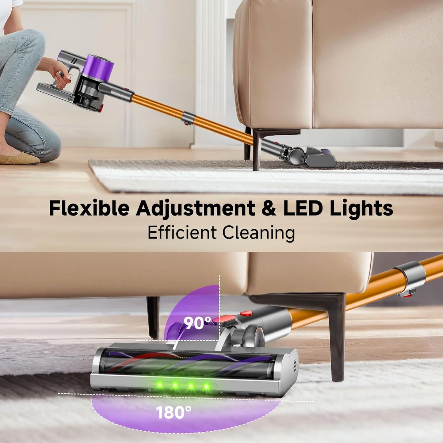 Skiennix Cordless Stick Vacuum Cleaner - 40Kpa Powerful Suction with LED Headlight | 8-in-1 Lightweight for Pet Hair, Purple