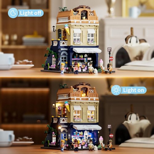 FUNWHOLE Gelato-Store Lighting Building Bricks Set - 1948 Pcs LED Ice Cream Shop Model for Adults