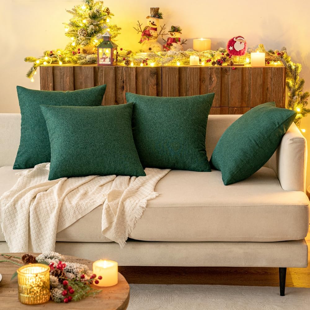 MIULEE Decorative Outdoor Throw Pillow Covers - Waterproof Faux Linen Cushion Cases | 16x16 Inch Emerald Green (Pack of 2)