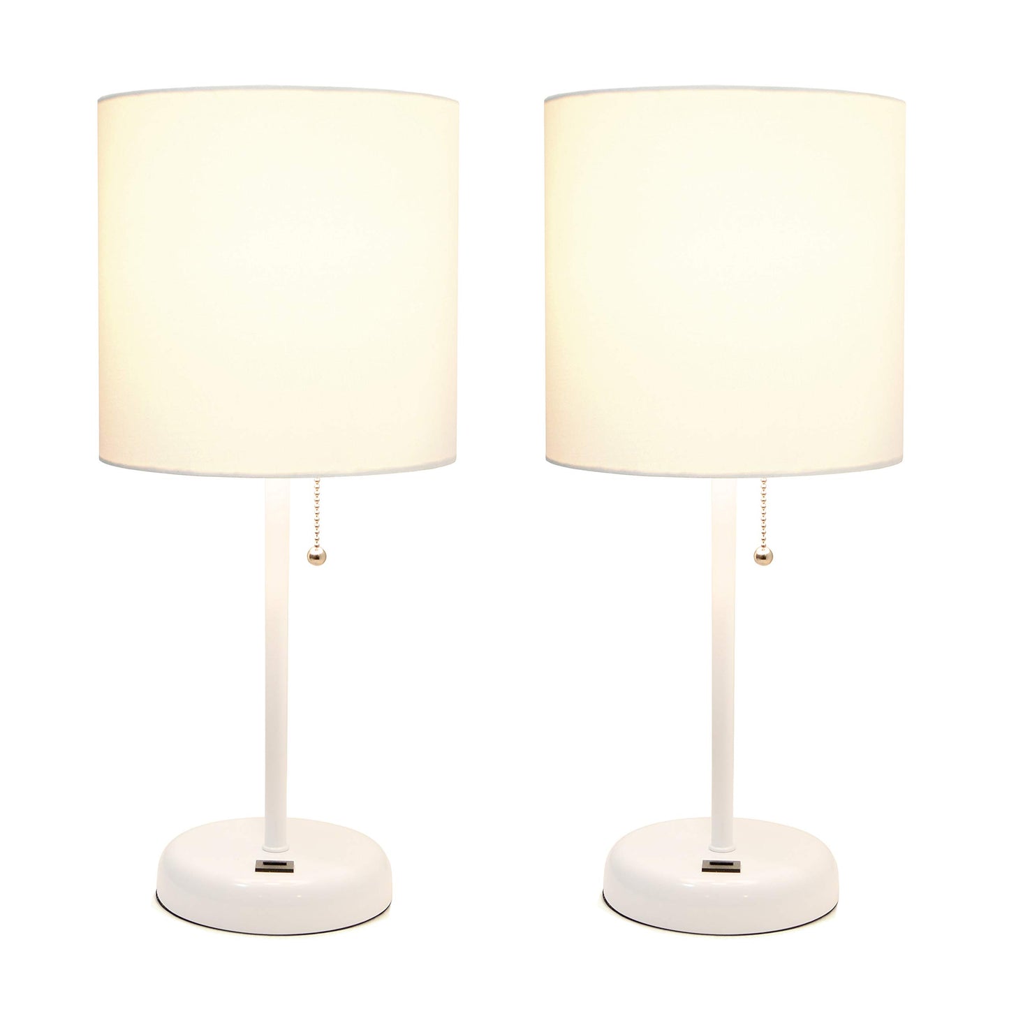 Simple Designs LC2002-WOW-2PK White Stick Table Lamp Set with USB Charging Port and White Fabric Shades, 2 Pack Set
