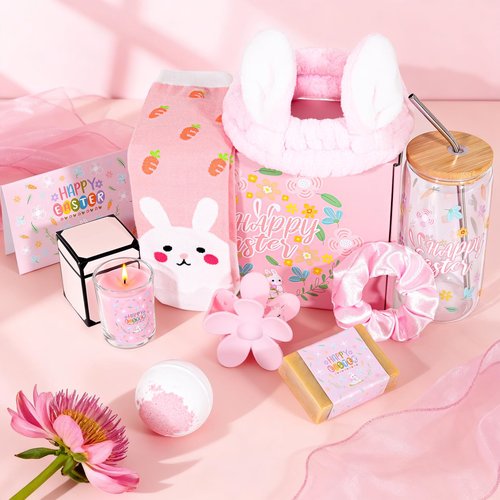 giftaker Easter Gifts Set for Women Sister Teens Stuff, Easter Basket Stuffers for Adults, Self Care Gift Basket with 16oz Glass Cup, Scented Candles Spa Set