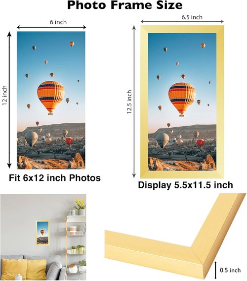 JCJMY 6x12 Gold Picture Frame - Wall Mountable for Horizontal or Vertical Display | Shatter-Resistant Plexiglass