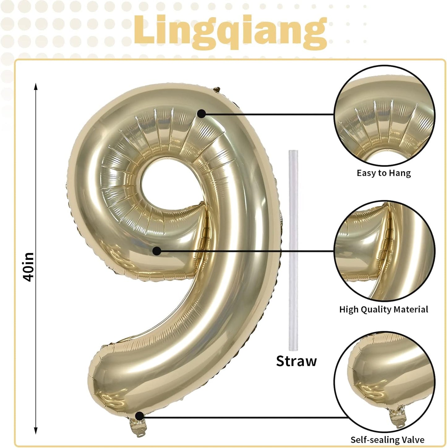 Skiennix 40 Inch Champagne Gold Number 9 Balloon - Self-Inflating Helium Balloon for Birthday & Anniversary Decor