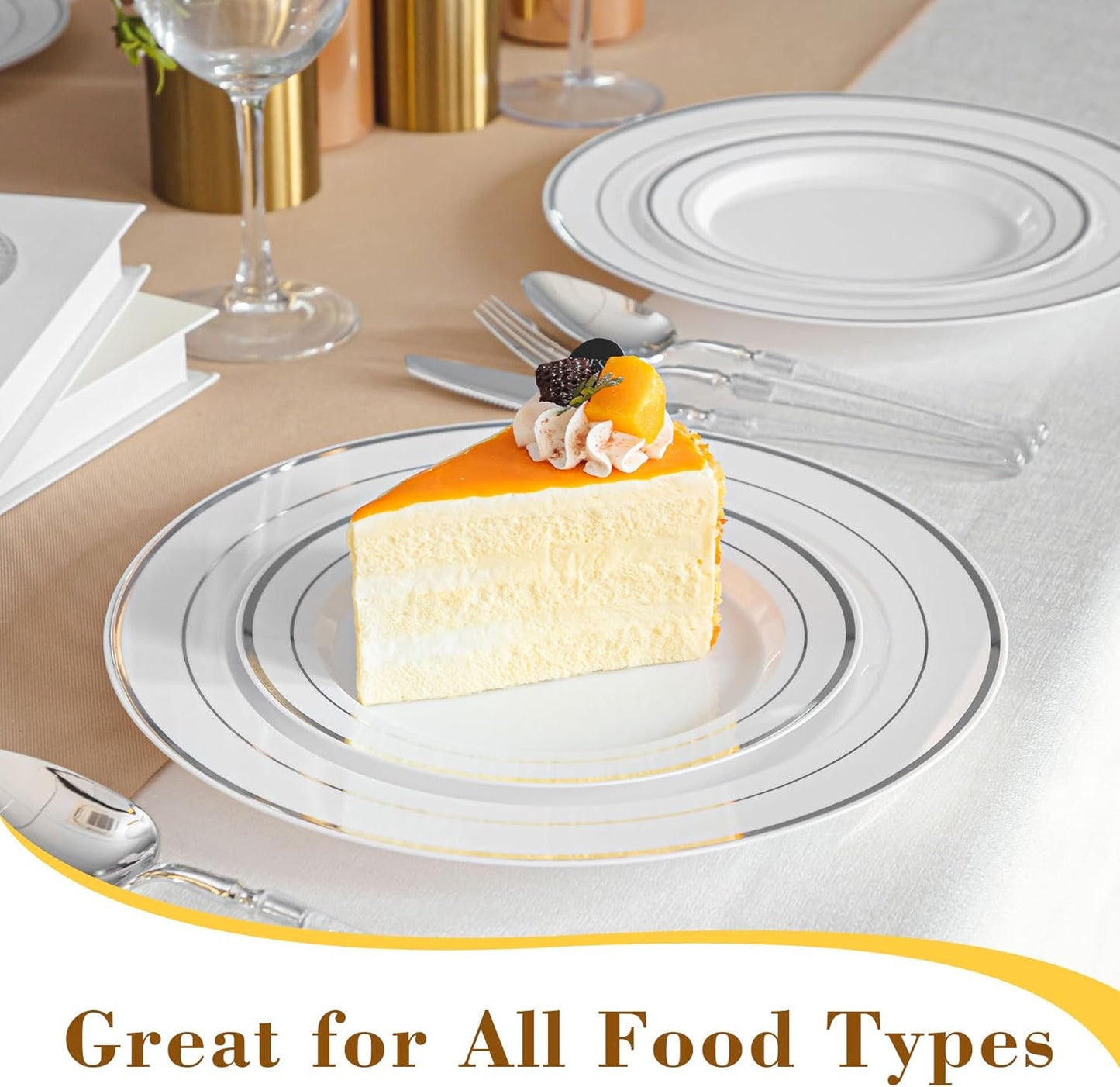 Regine Switzerland Disposable Plastic Plates - 200PCS Silver & White Dinner and Dessert Plates for Parties & Weddings