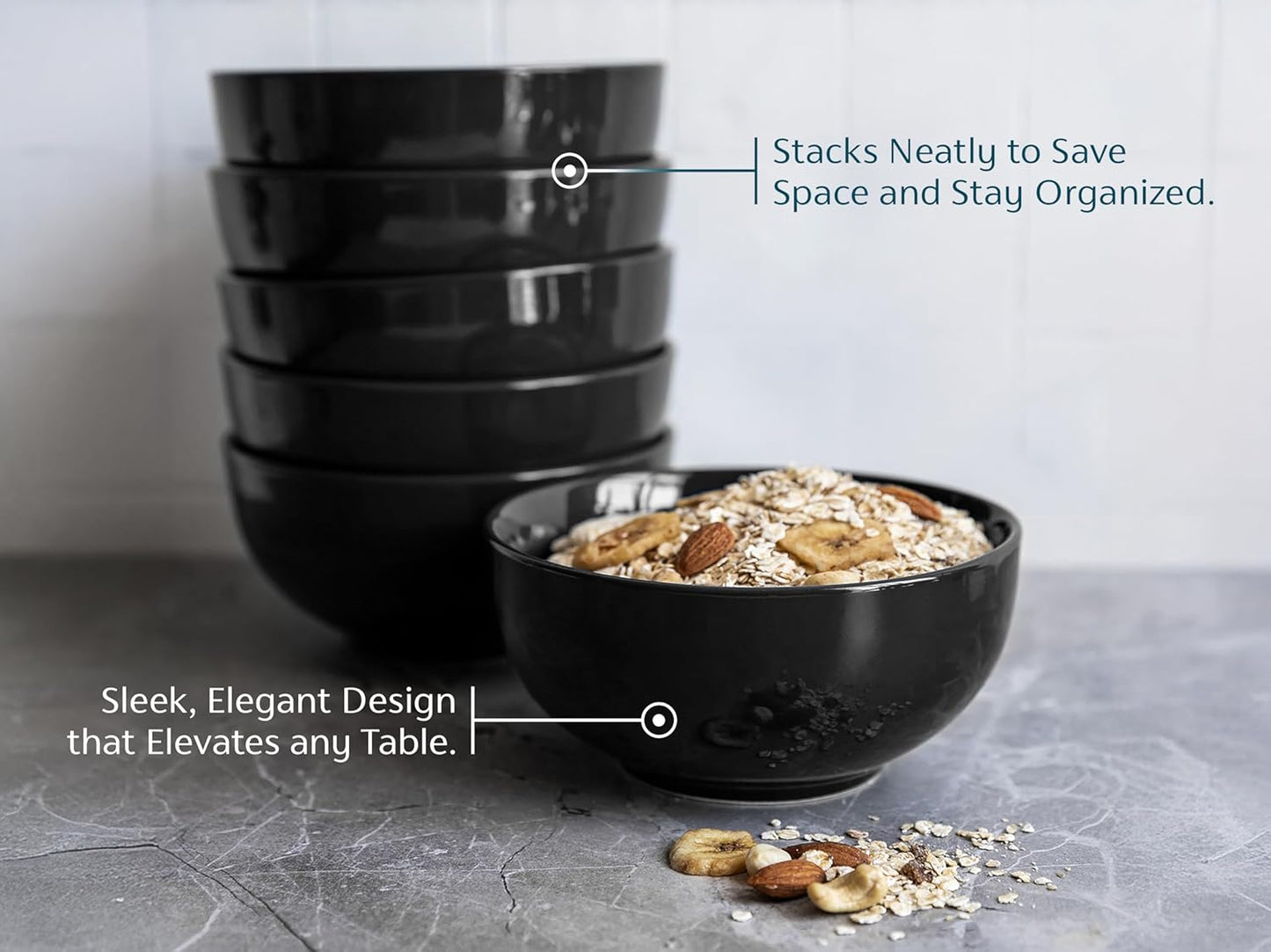 KooK Ceramic Soup & Cereal Bowls - Microwave & Dishwasher Safe, 20 oz, Set of 6 - Black