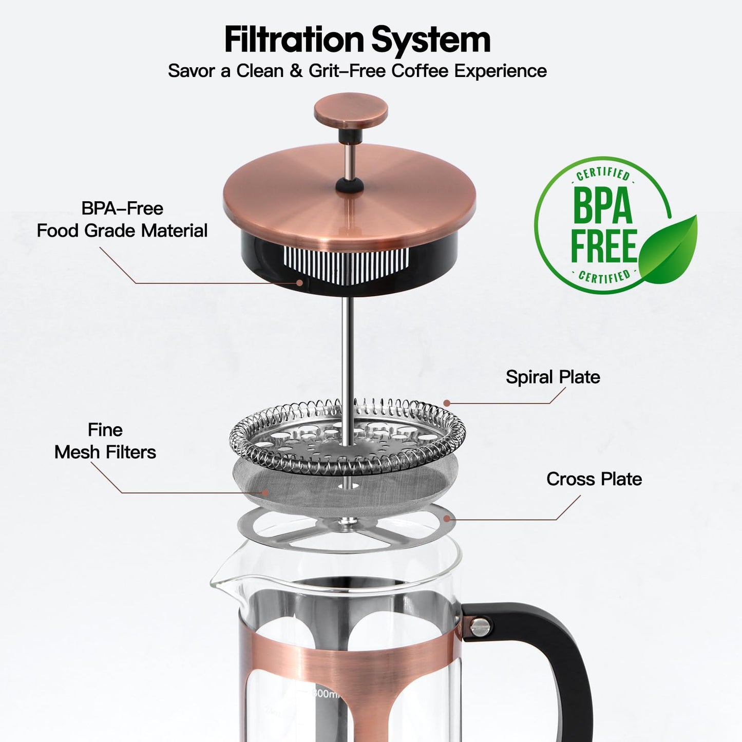 Panana 34 Ounce 1 Liter French Press Coffee Maker, Heat Resistant Borosilicate Glass Coffee Press, Cold Brew Coffee Pot Tea Press for Kitchen, Stainless Steel (Copper)