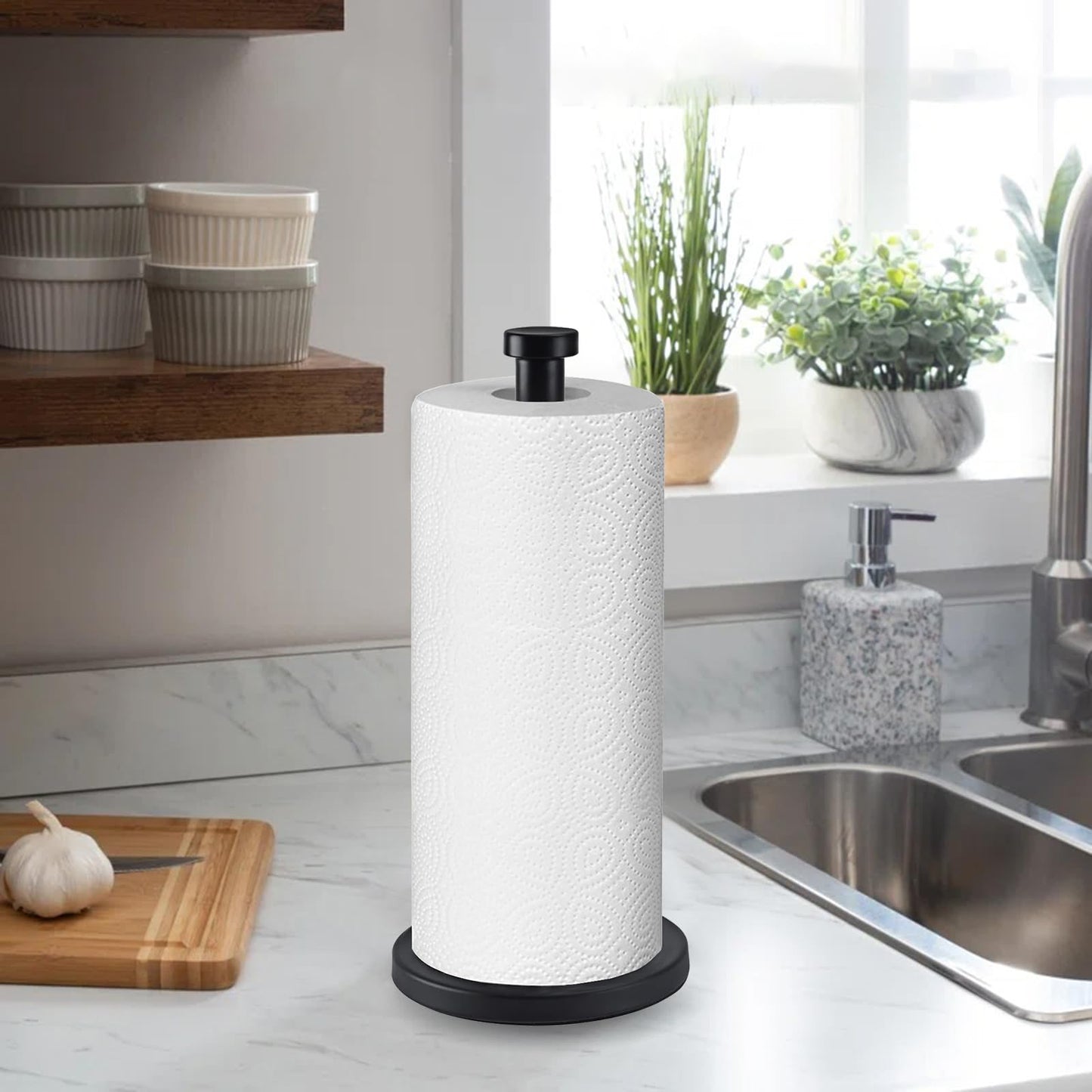 Paper Towel Holder Countertop, Kitchen Roll Holder, Stainless Steel Black Paper Towel Holders for Kitchen Organization, Paper Towel Dispenser Standing Weighted Base for One-Handed Operation