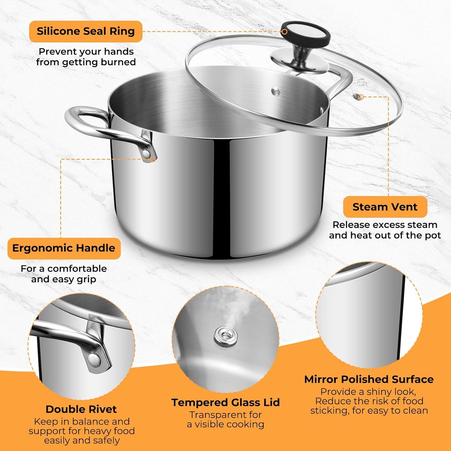 Tri-Ply Stainless Steel Stock Pot - 6.5 Quart Heavy Duty Induction Cooking Pot with Visible Lid