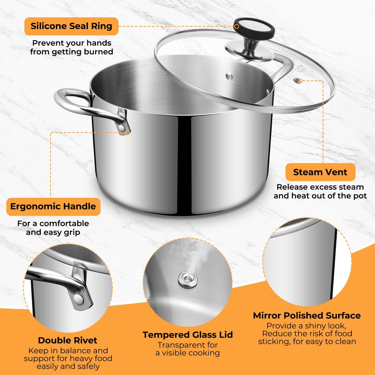 Tri-Ply Stainless Steel Stock Pot, 6.5 Quart Heavy Duty Induction Cooking Pot with Visible Lid for Pasta, Soup, Spaghetti, Sturdy & Double Handle, Dishwasher Safe