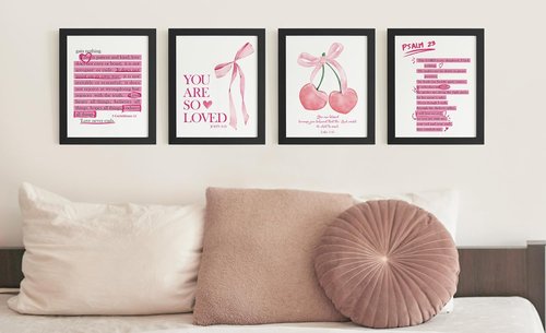 DSHFG Cute Preppy Pink Bow Bible Verses Wall Art - Set of 4 Christian Prints for Teen Girls' Rooms | 8x10 Unframed