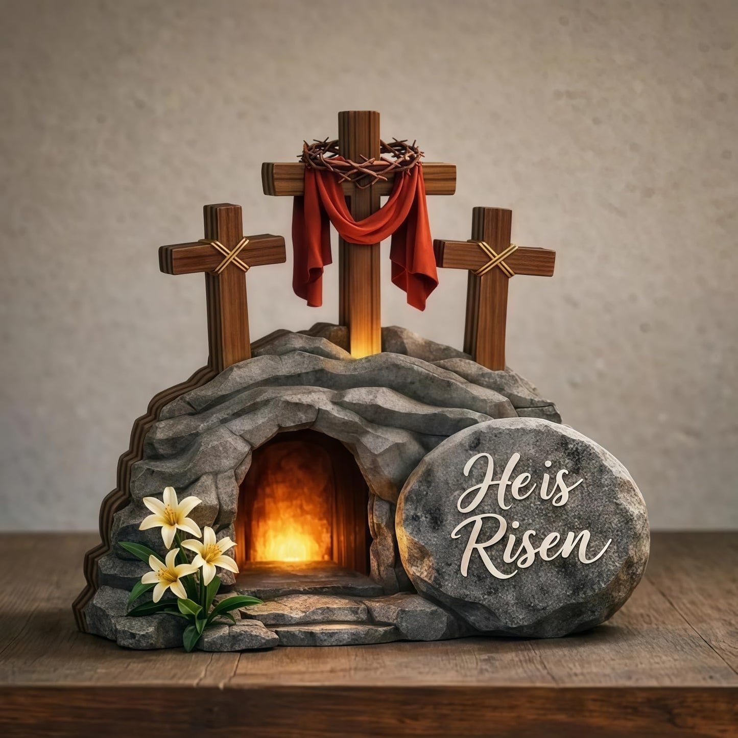 Wooden Easter Tomb Scene with Cross - Empty Tomb Decor for Home Office Desktop, Religious Resurrection Cross Jesus Nativity Set, Christian Easter Decoration He is Risen Gift (Style B)