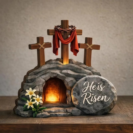 Wooden Easter Tomb Scene with Cross - Empty Tomb Decor for Home Office Desktop, Religious Resurrection Cross Jesus Nativity Set, Christian Easter Decoration He is Risen Gift (Style B)