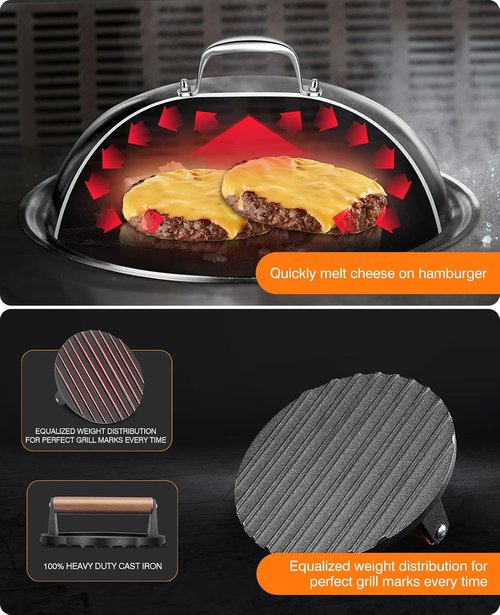 HOMENOTE Griddle Accessories - 12 Inch Heavy Duty Melting Dome & Round Cast Iron Burger Press | Perfect for Flat Top Hibachi Grill