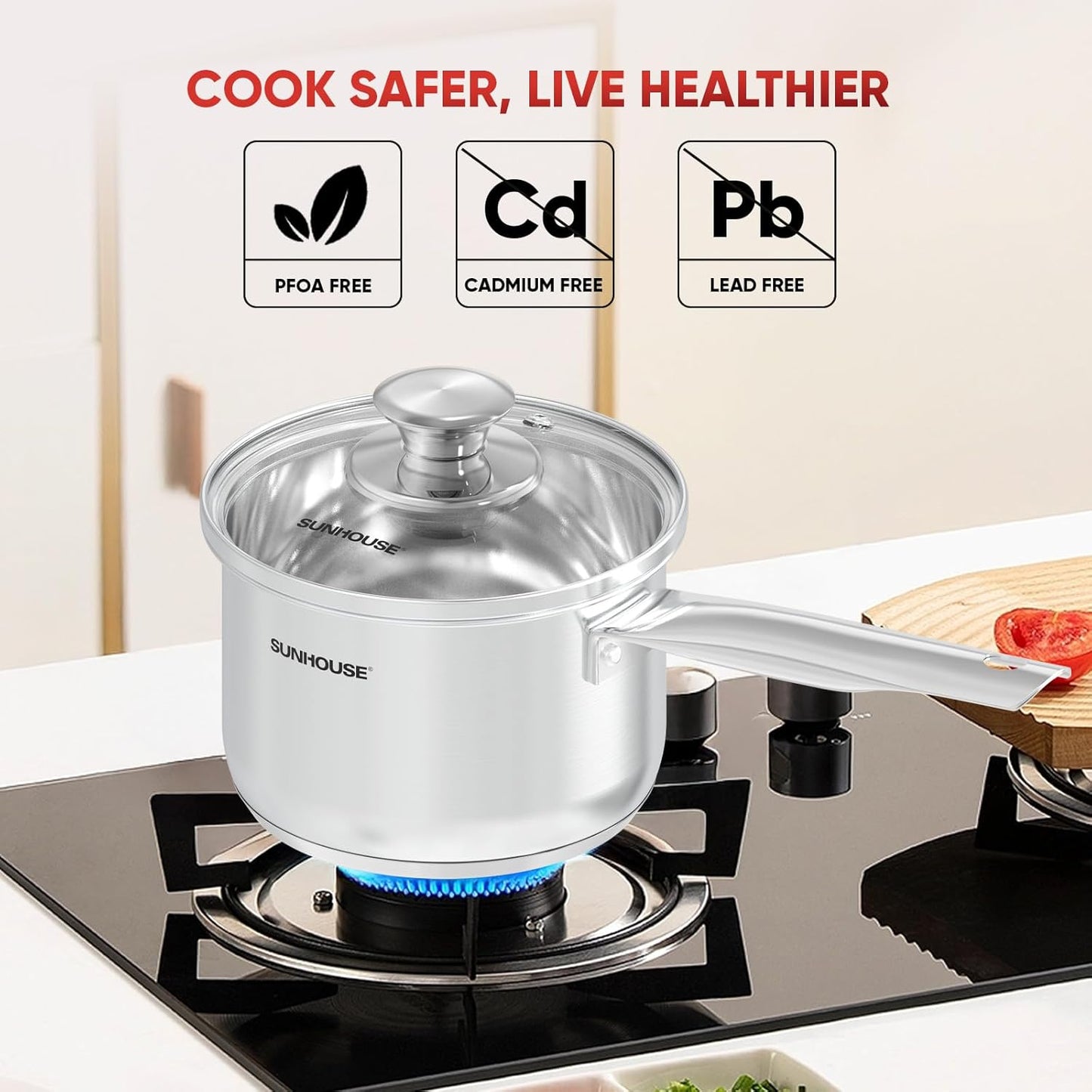 SUNHOUSE – 1.5 Quart Stainless Steel Sauce Pan with Lid | PFOA-Free, Induction Base, Stay-Cool Handle