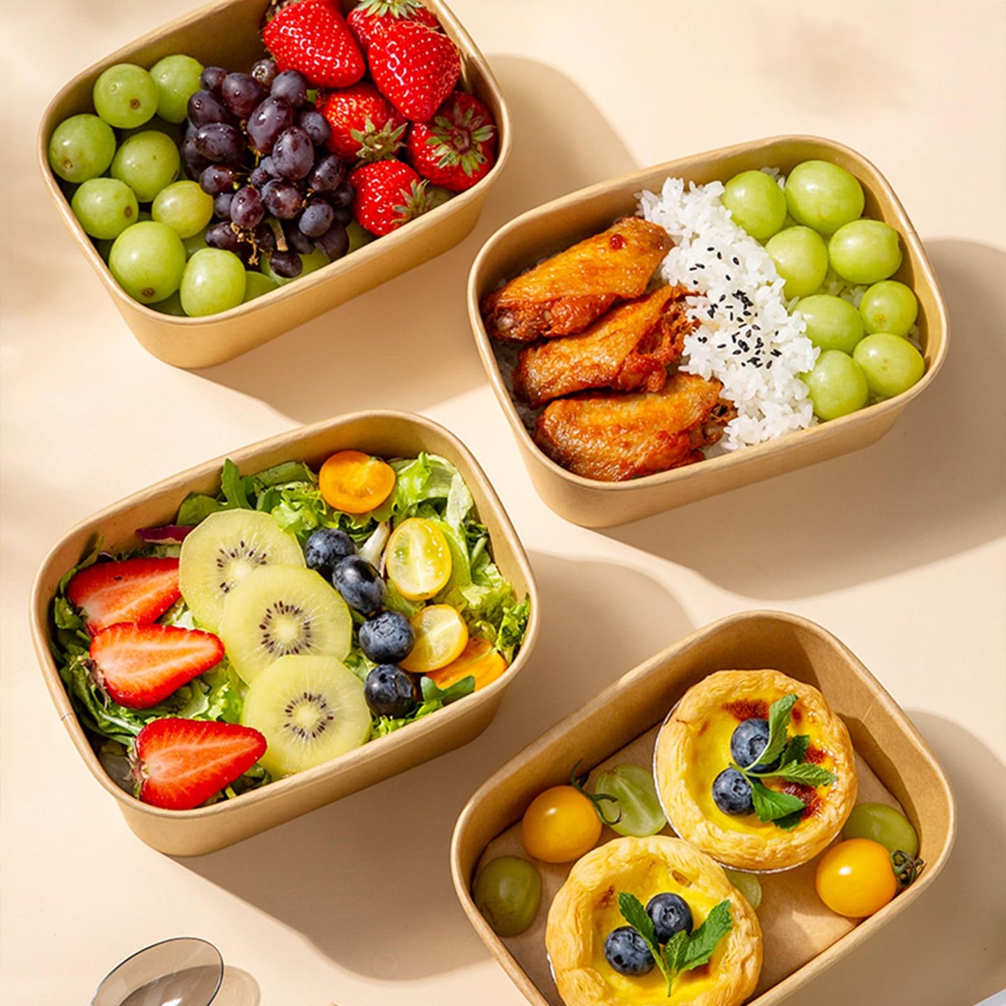 DI QIU REN 50-Pack 25oz Paper Bowls, Disposable Food Containers with Lids and Forks, Cardboard Meal Prep Containers for Diet Salad, Pasta (kraft Paper Rectangular, 25oz 50 Count)