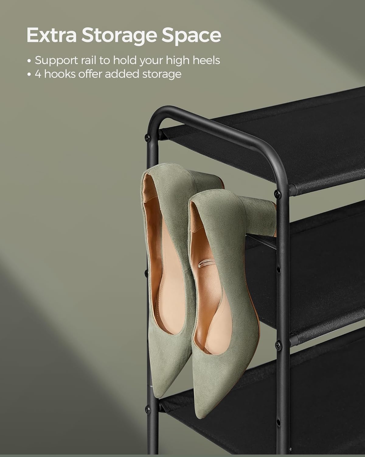 SONGMICS Shoe Rack - 2-Tier Fabric Organizer with 4 Hooks | Holds 12 Pairs - Height Adjustable, Ink Black