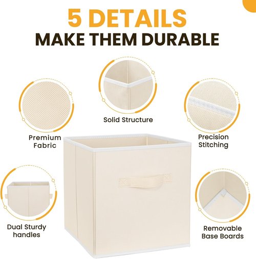 Criusia Large Storage Cubes - 13-Inch Collapsible Bins with Handles for Organizing Clothes, Blankets & Toys | 10-Pack Beige