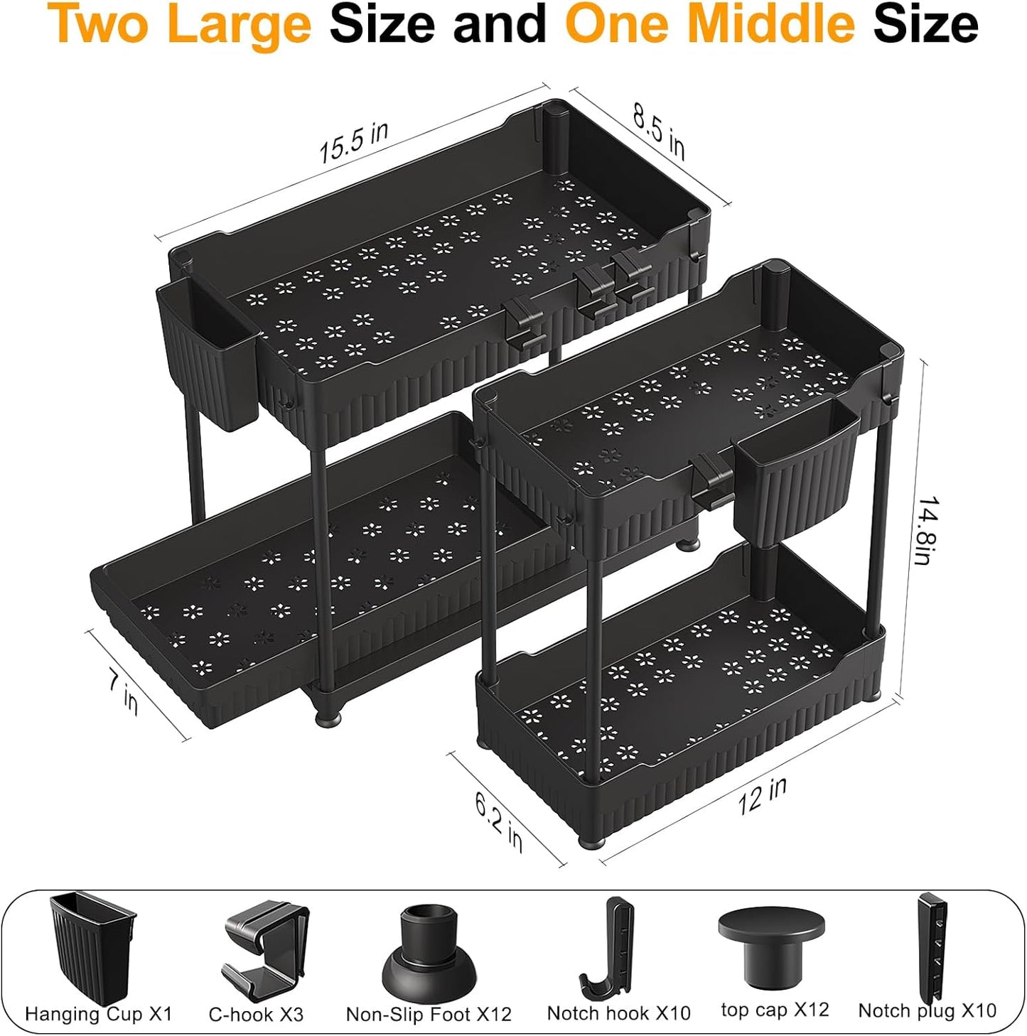 Sevenblue 3-Pack Under Sink Organizers - 2-Tier Kitchen & Bathroom Storage with Sliding Drawers | Black, 14.8 Inch