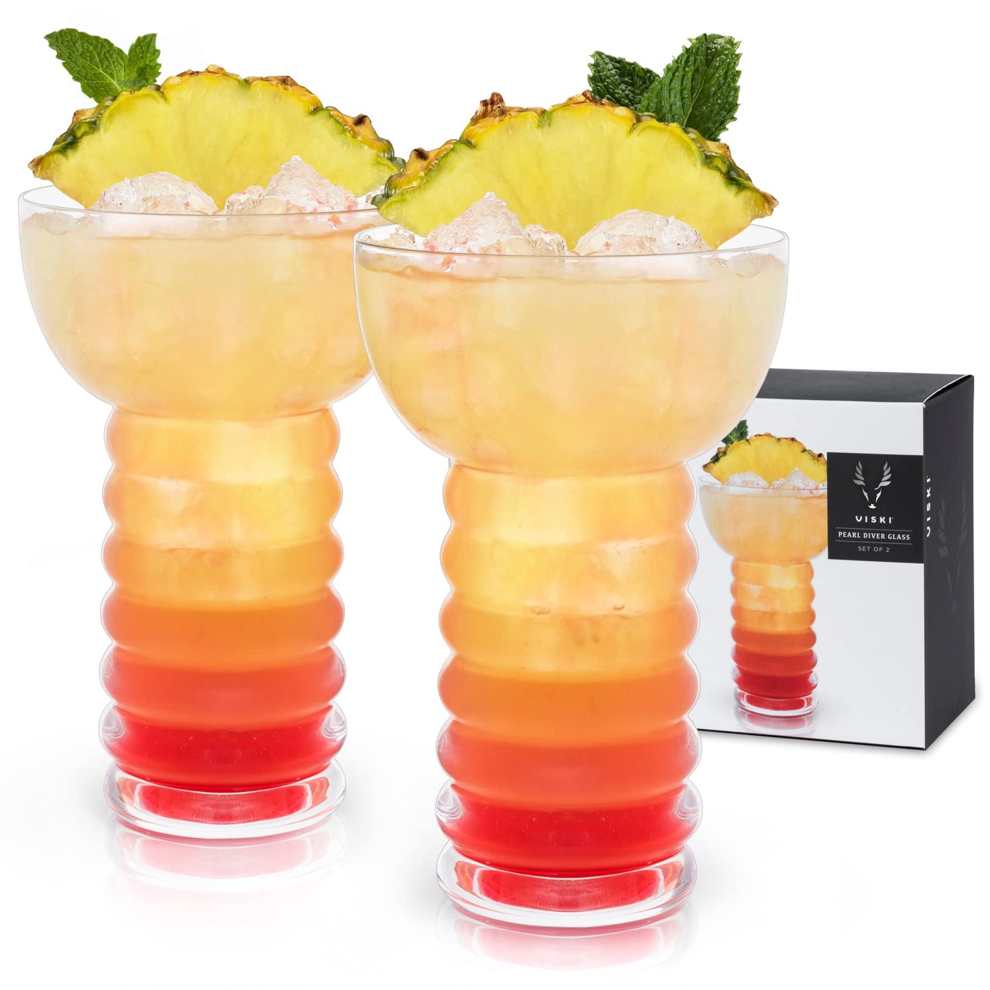 Viski Pacific Crystal Pearl Diver Tropical Tiki Tumbler Set of 2 - Premium Crystal Clear Glass, Stylish Tiki Glasses for Cocktails Gift Set, 12 oz