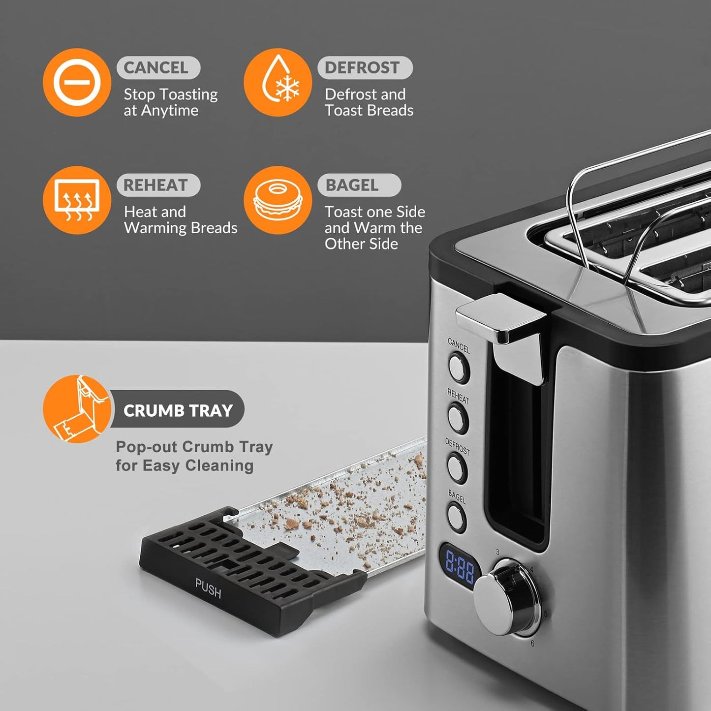 Mecity 4-Slice Toaster - Long Slot Design with Countdown Timer & 6 Browning Settings | Stainless Steel