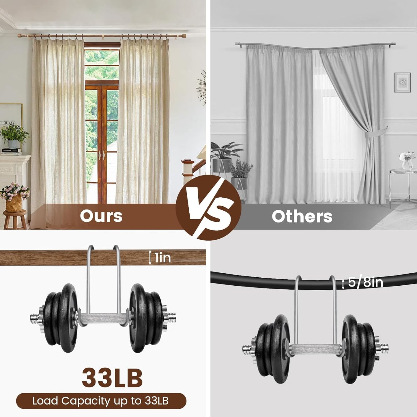 Skiennix 1” Diameter Adjustable Curtain Rods - Heavy Duty Matte Wood Grain | 30-90 Inch, 2 Pack