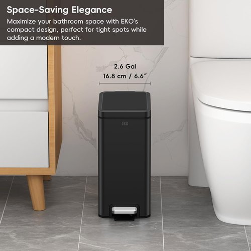 EKO Small Bathroom Trash Can - Soft Close Lid & Step Pedal | 10L Stainless Steel, Matte Black