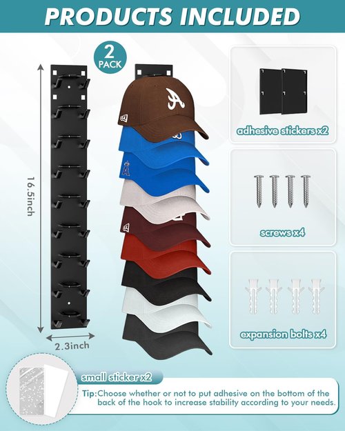 Hat Organizer by [Brand Name] - Strong Adhesive Wall Rack for 18 Baseball Caps | Multi-Layer Hooks - Black