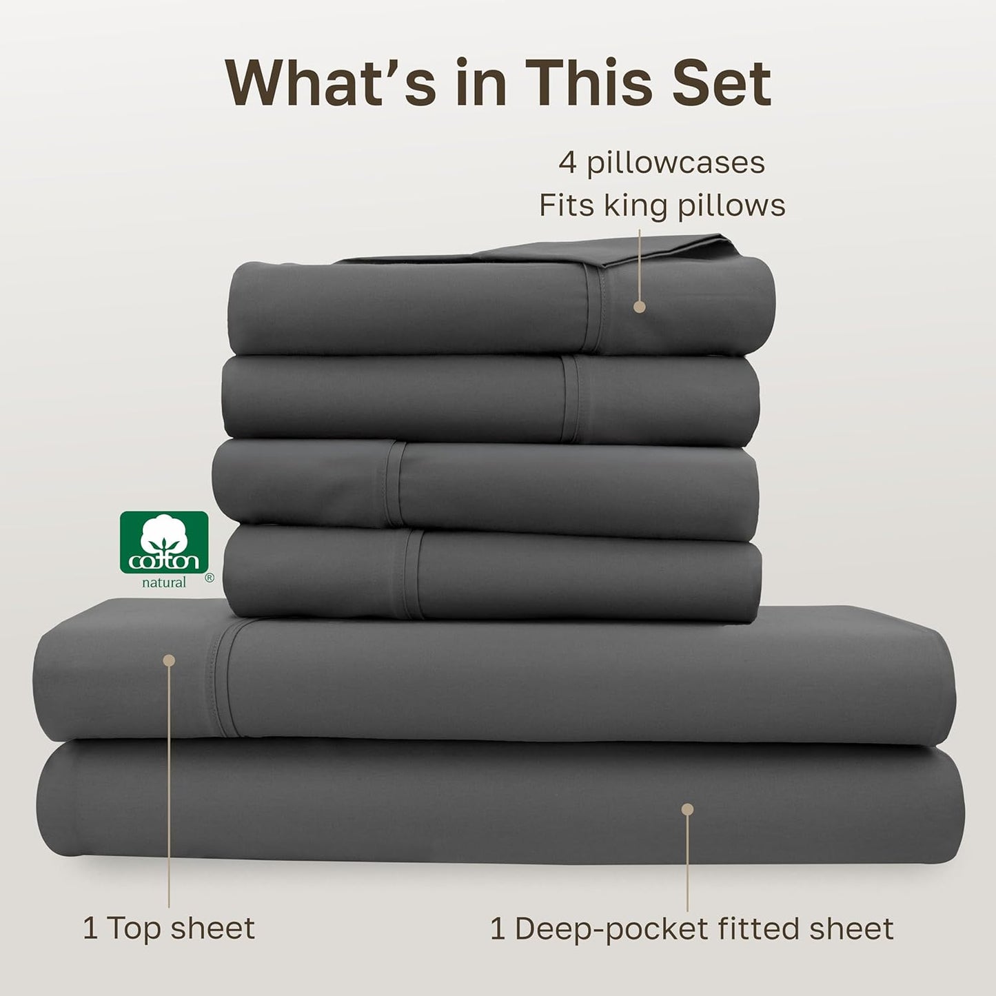 California Design Den King Size Sheet Set - Soft 400 Thread Count 100% Cotton, Deep Pocket | Grey, 6-Pc with 4 Pillowcases