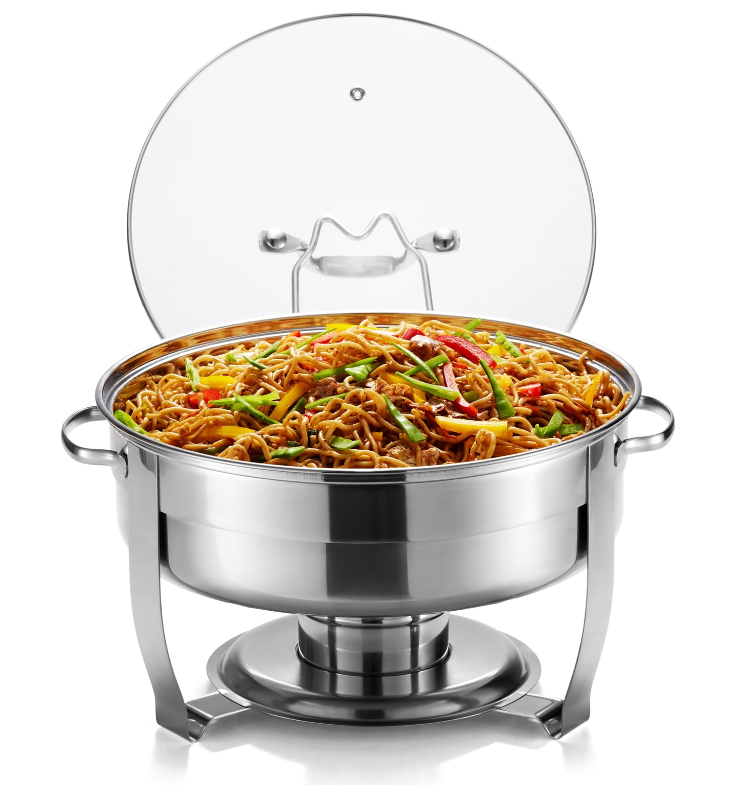 Chafing Dish for Buffet Set, by Kook, Catering Food Warmers, Round Dishes, Warmer Tray, Stainless Steel with Glass Cover and Holder, for Parties, Dinners, 4.5 Qt