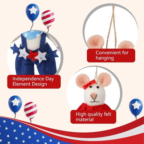 Hahafelt 4 Pcs 4th of July Felt Mice Ornaments - Cute Patriotic Wool Mouse Set for Memorial Day Decor | 3.94 Inch